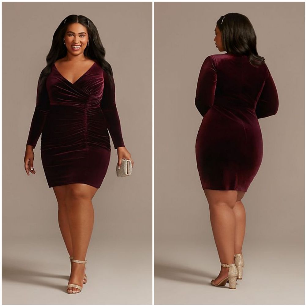 David's Bridal Velvet Wrap-Front Midi Dress in Deep Burgundy